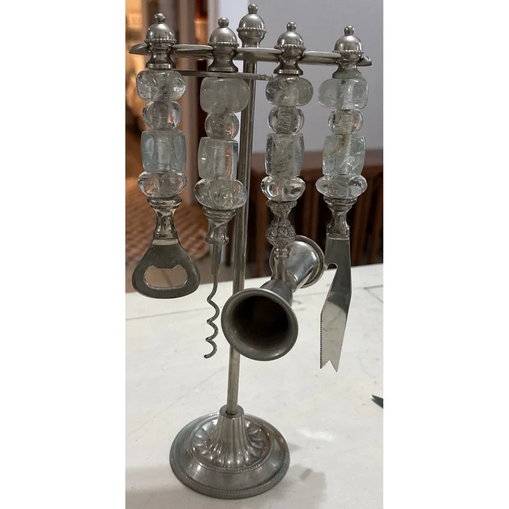 Vintage Silver Nickel & Glass Beaded Handle Barware Stand Tool Set Wine